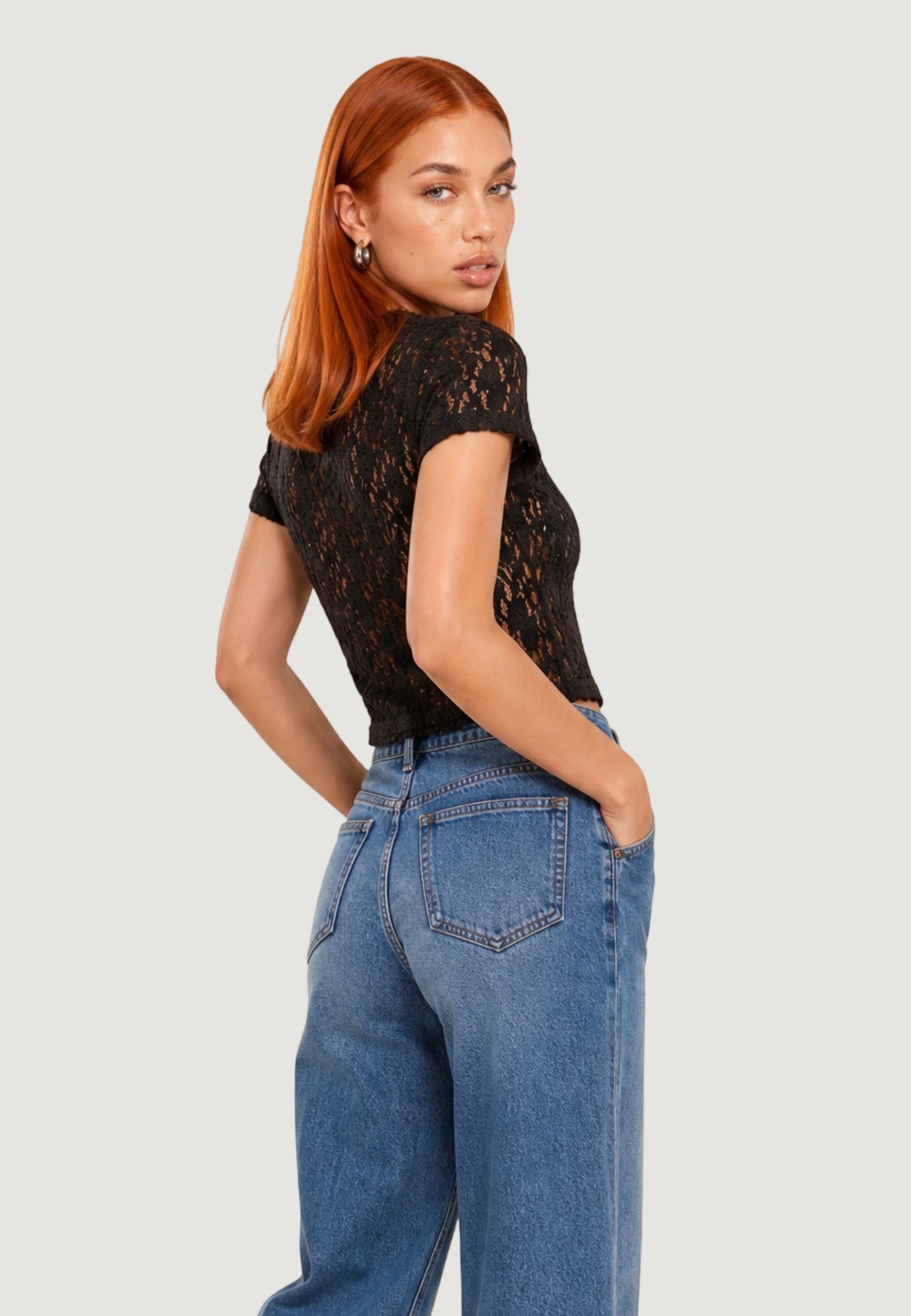 T-shirt a Maniche Corte top in pizzo 26559-3 Moro