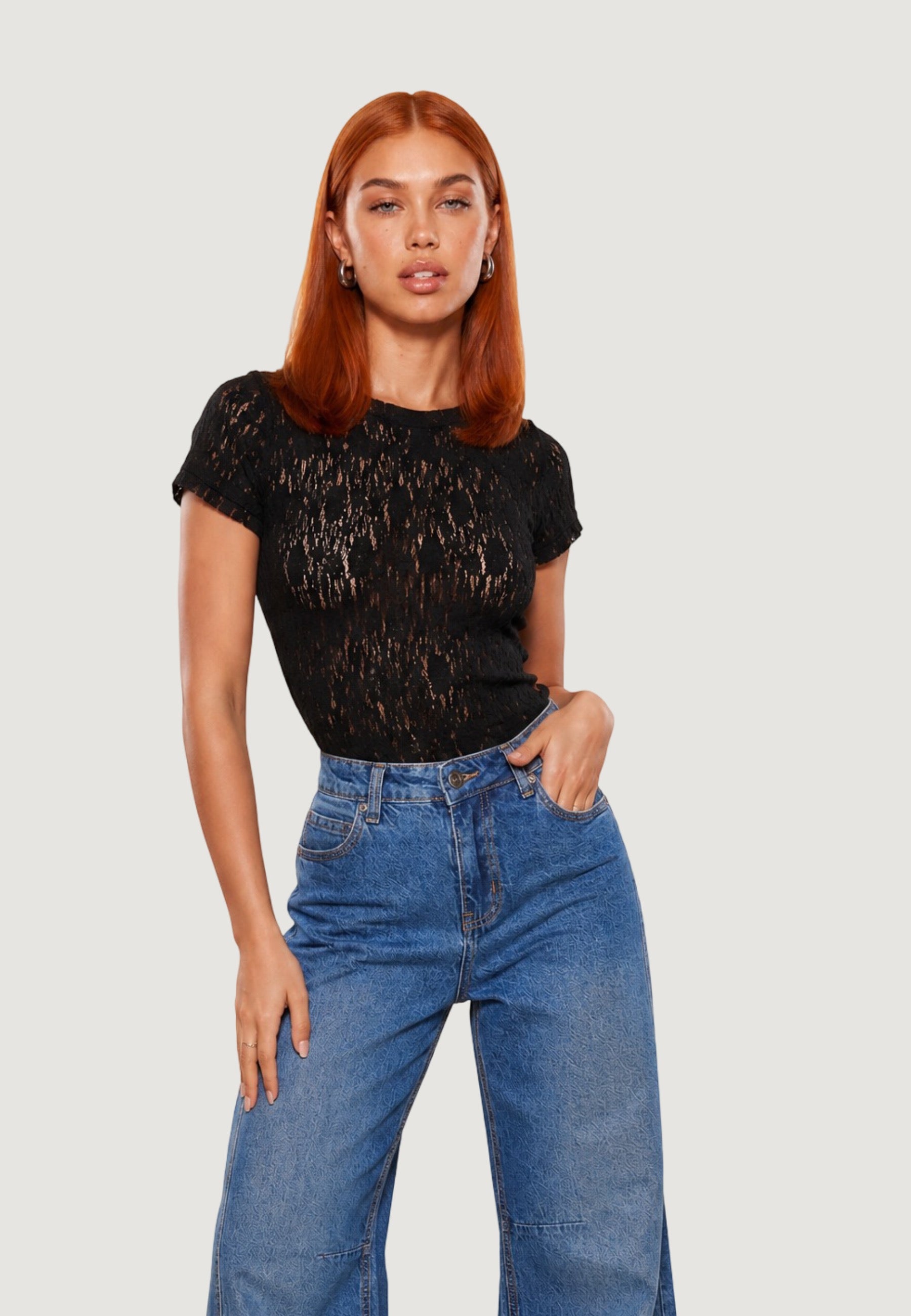 T-shirt a Maniche Corte top in pizzo 26559-3 Nero