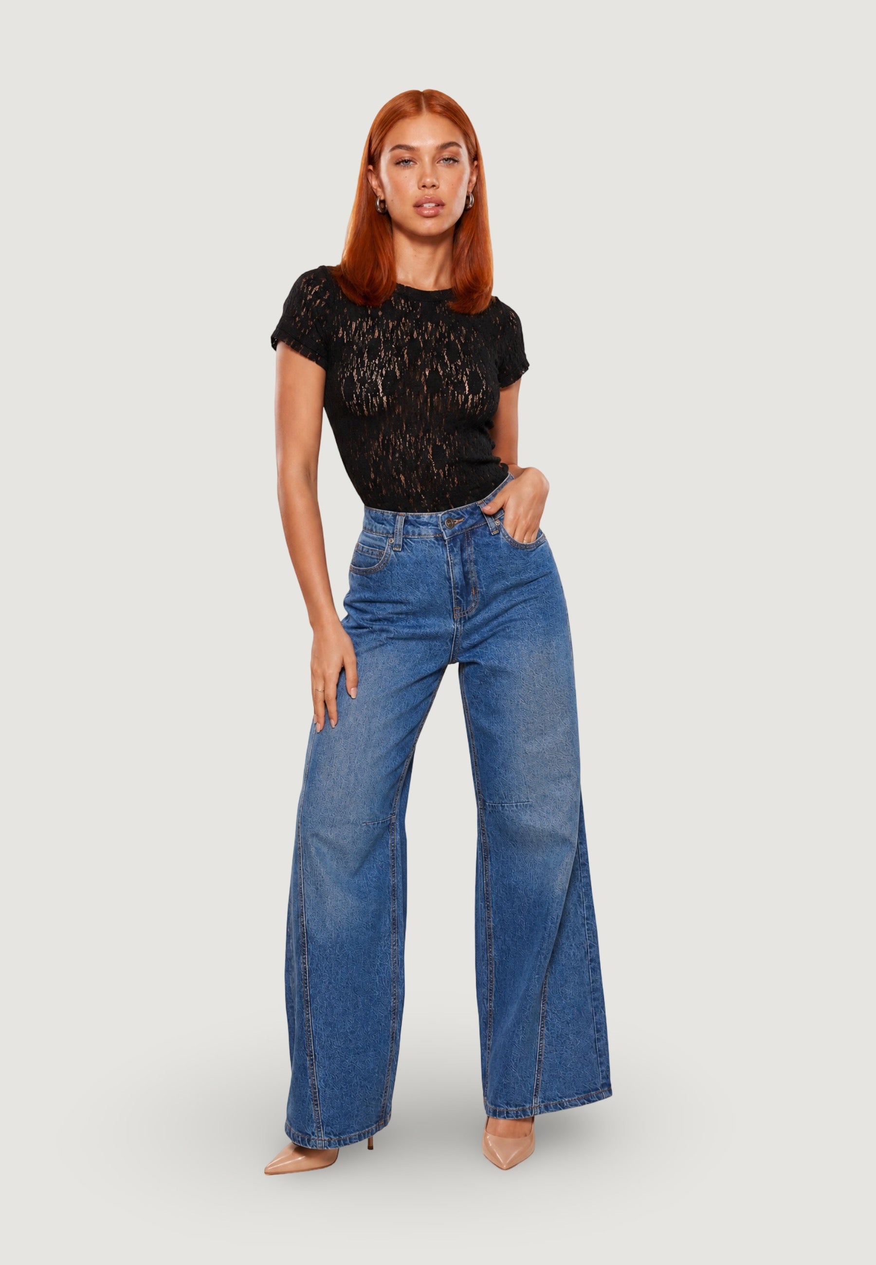 T-shirt a Maniche Corte top in pizzo 26559-3 Nero