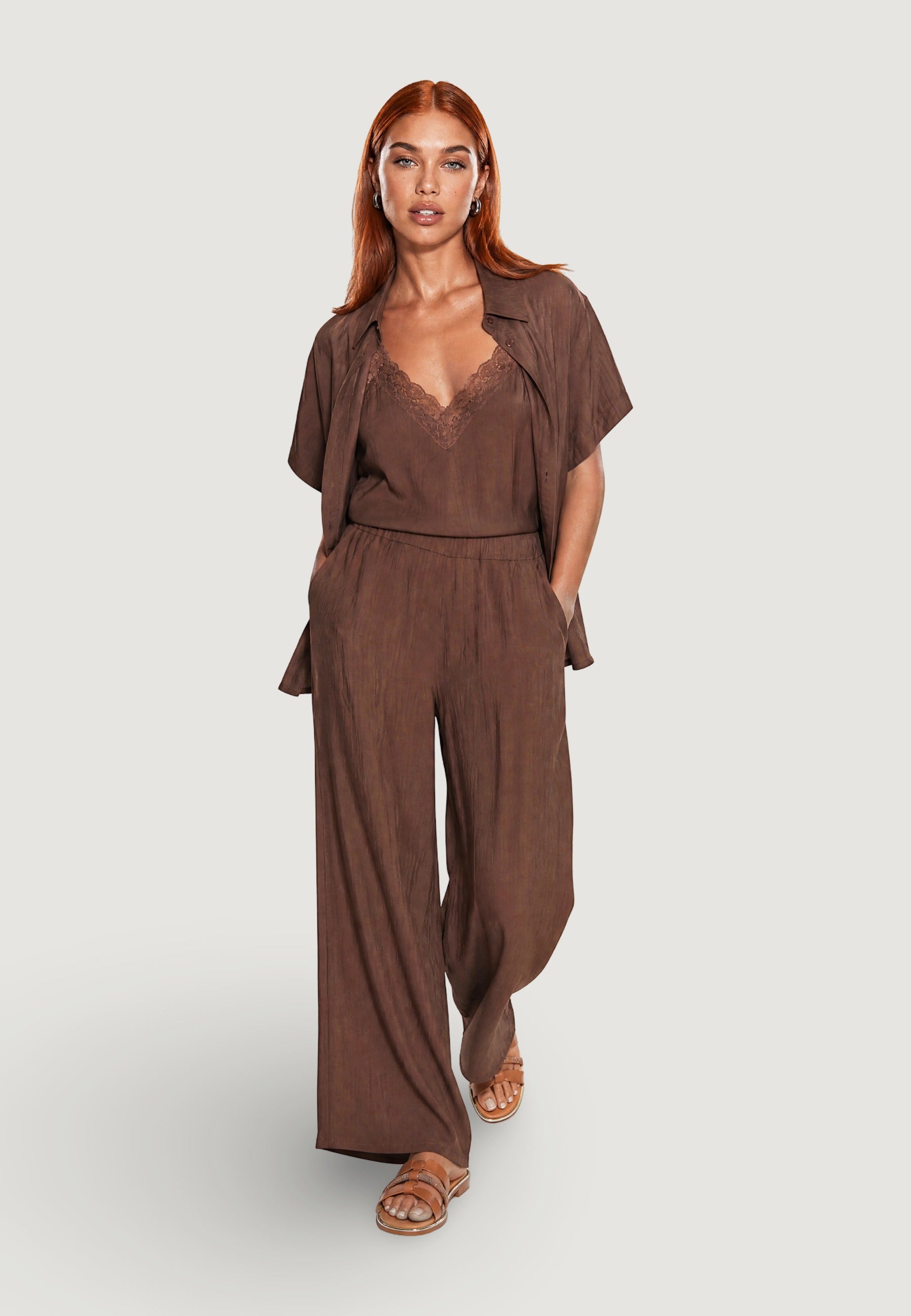 Pantaloni pantalone crinkle 56070-3 Cioccolato