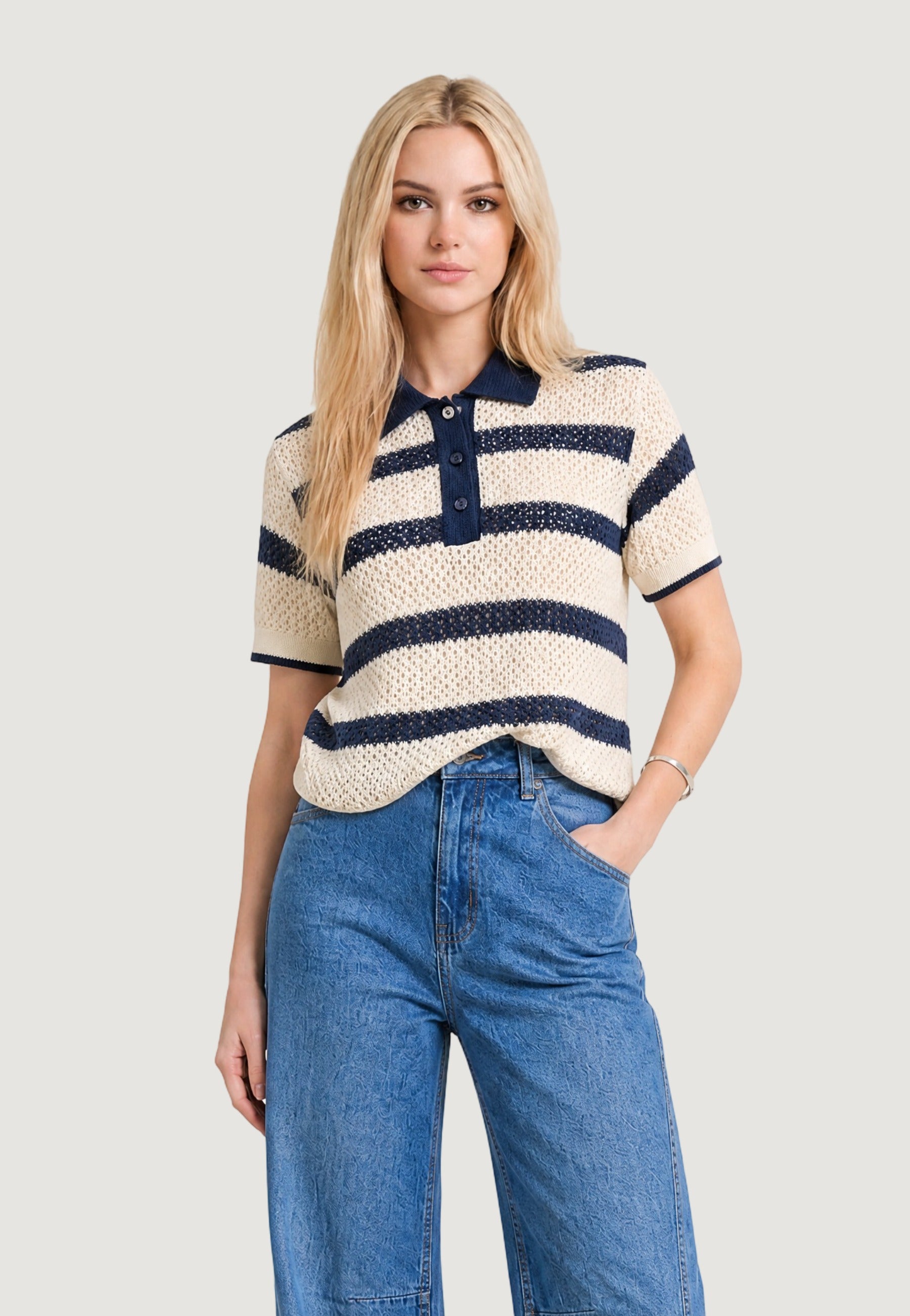 Polo Jersey polo riga crochet 6090-2 Panna, Navy