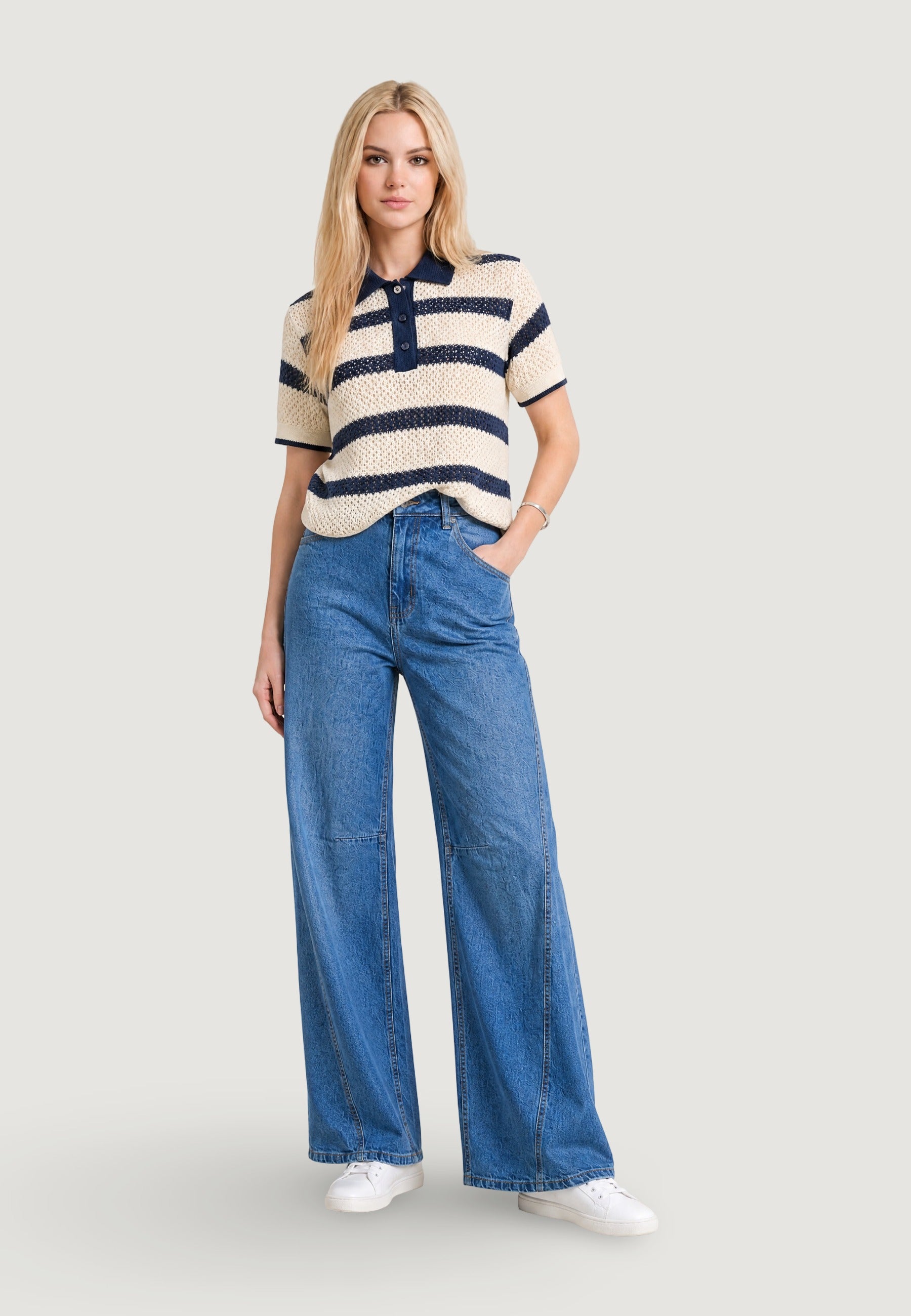 Polo Jersey polo riga crochet 6090-2 Panna, Navy