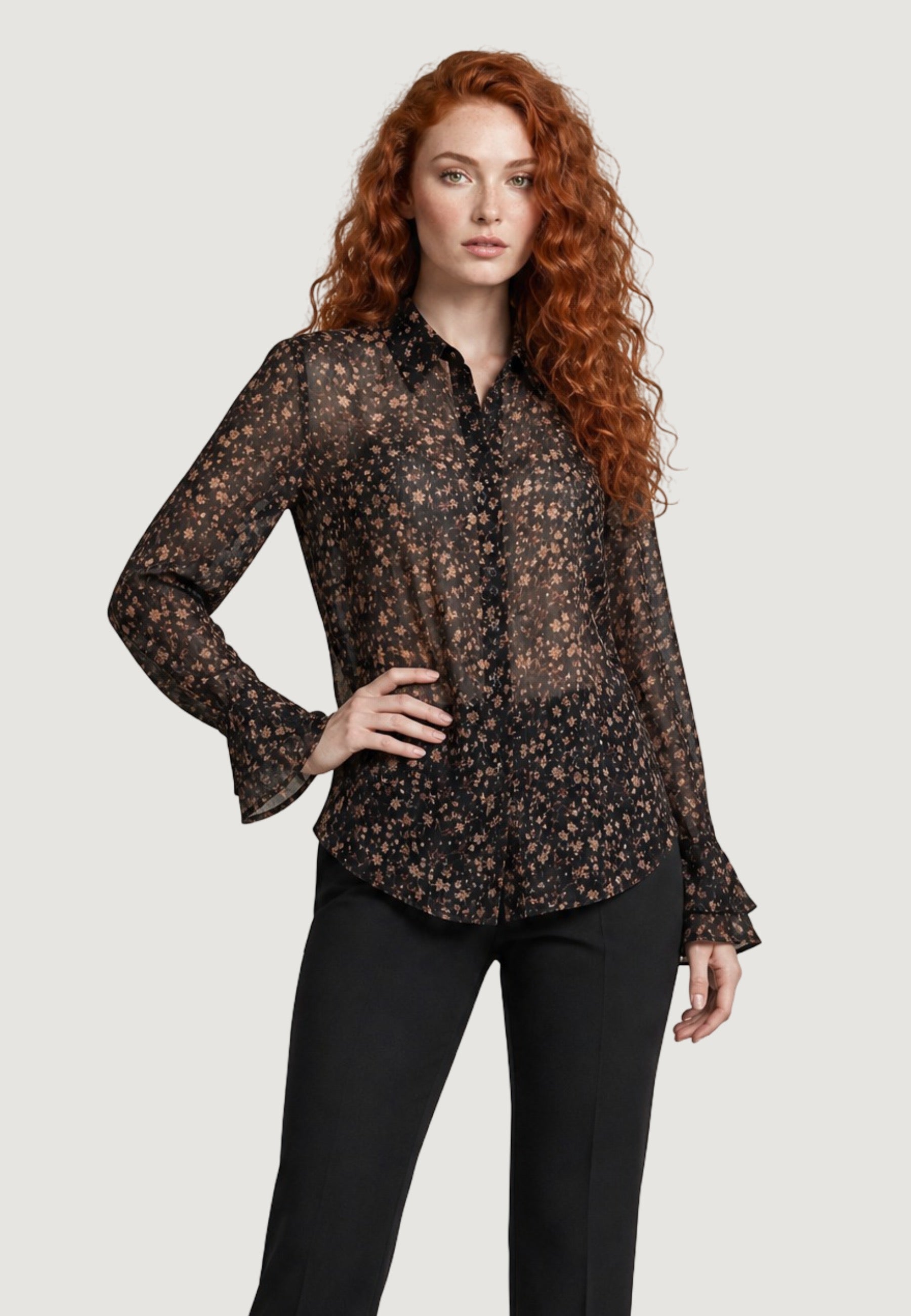 Camicia a Maniche Lunghe camicia basic fantasia in creponne 95242 Fiore Fondo Nero