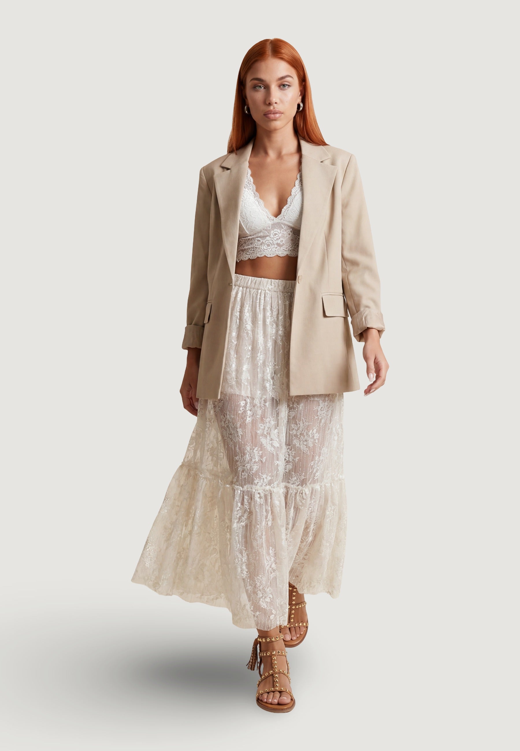 Gonna gonnellone con pizzo PE26065 Beige