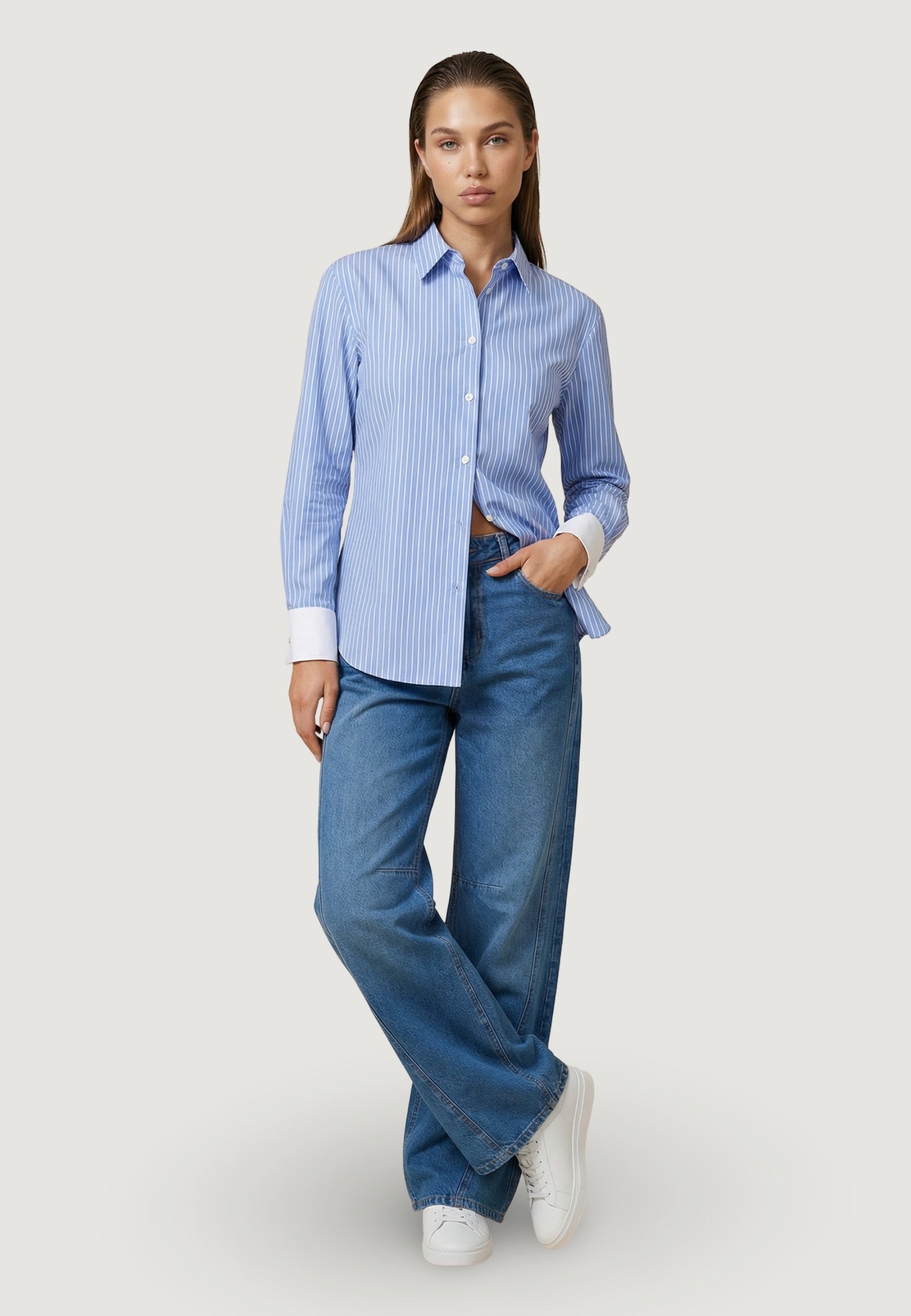 Camicia a Maniche Lunghe camicia con polsini in contrasto PE26072 Celeste