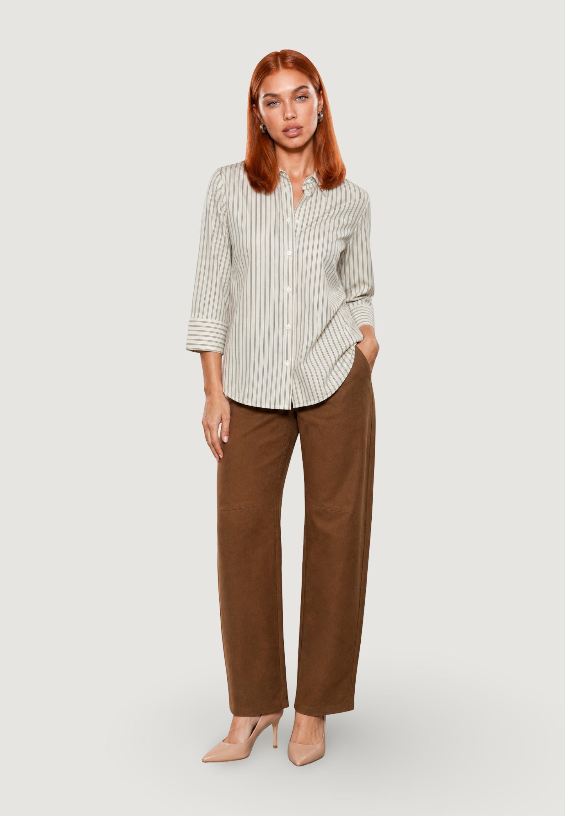 Camicia a Maniche Lunghe camicia gessata popeline PE26074 Panna, nero