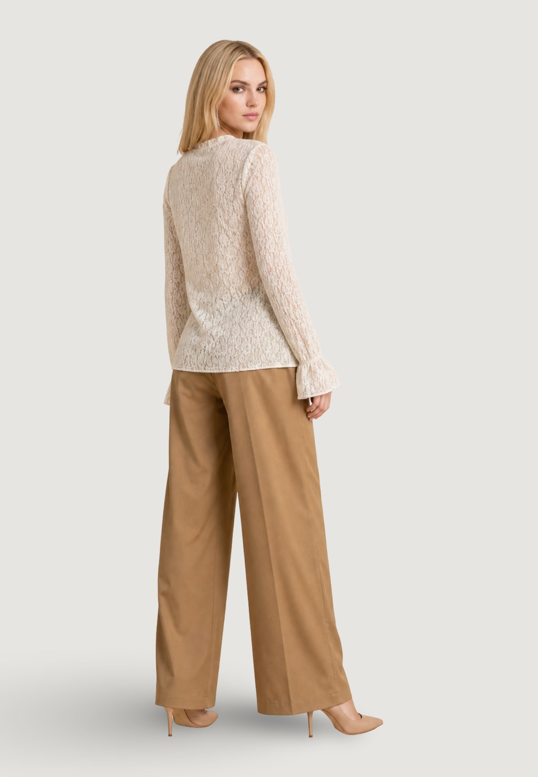 Top top in pizzo elastico c/manica rouches T2517 Beige