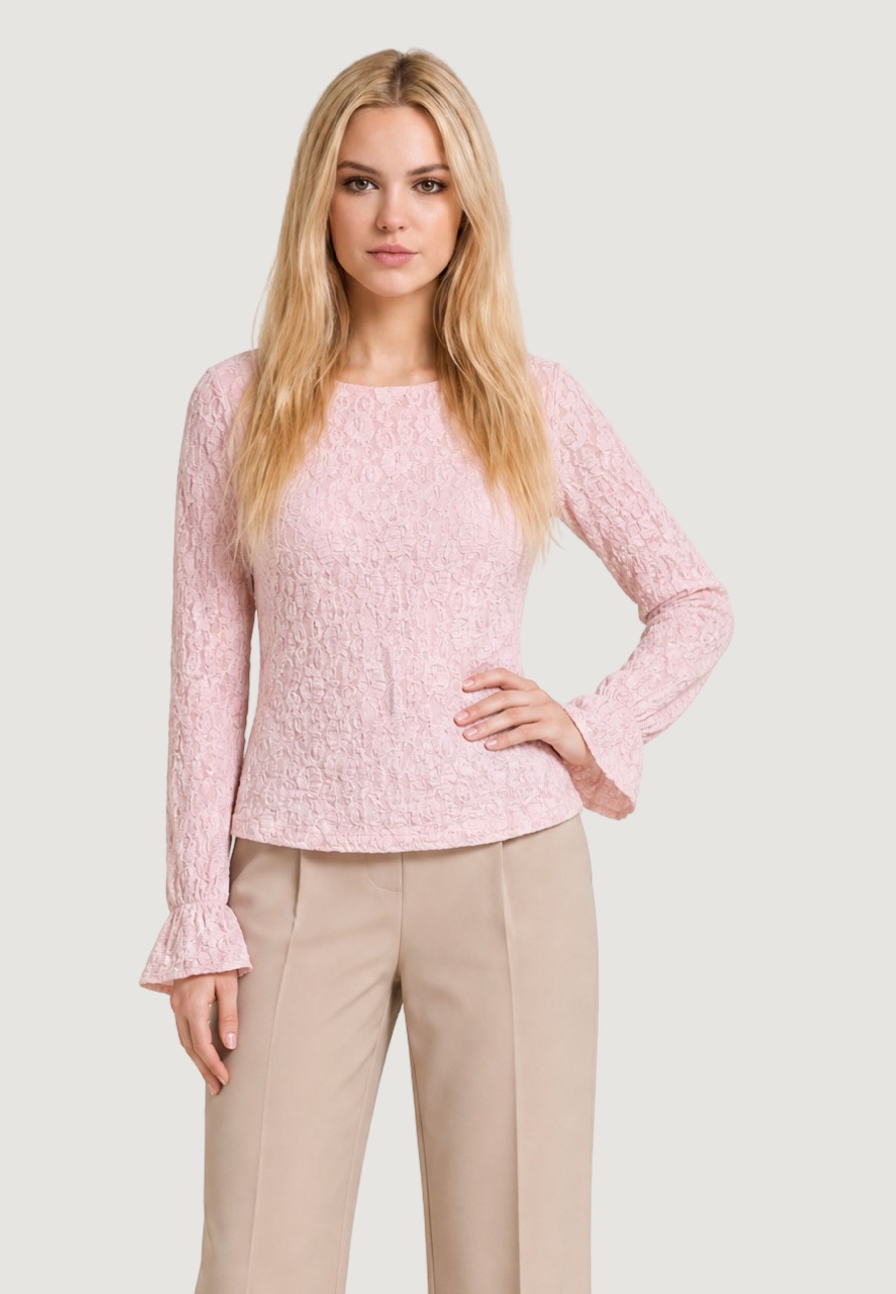 Top top in pizzo elastico c/manica rouches T2517 Cipria