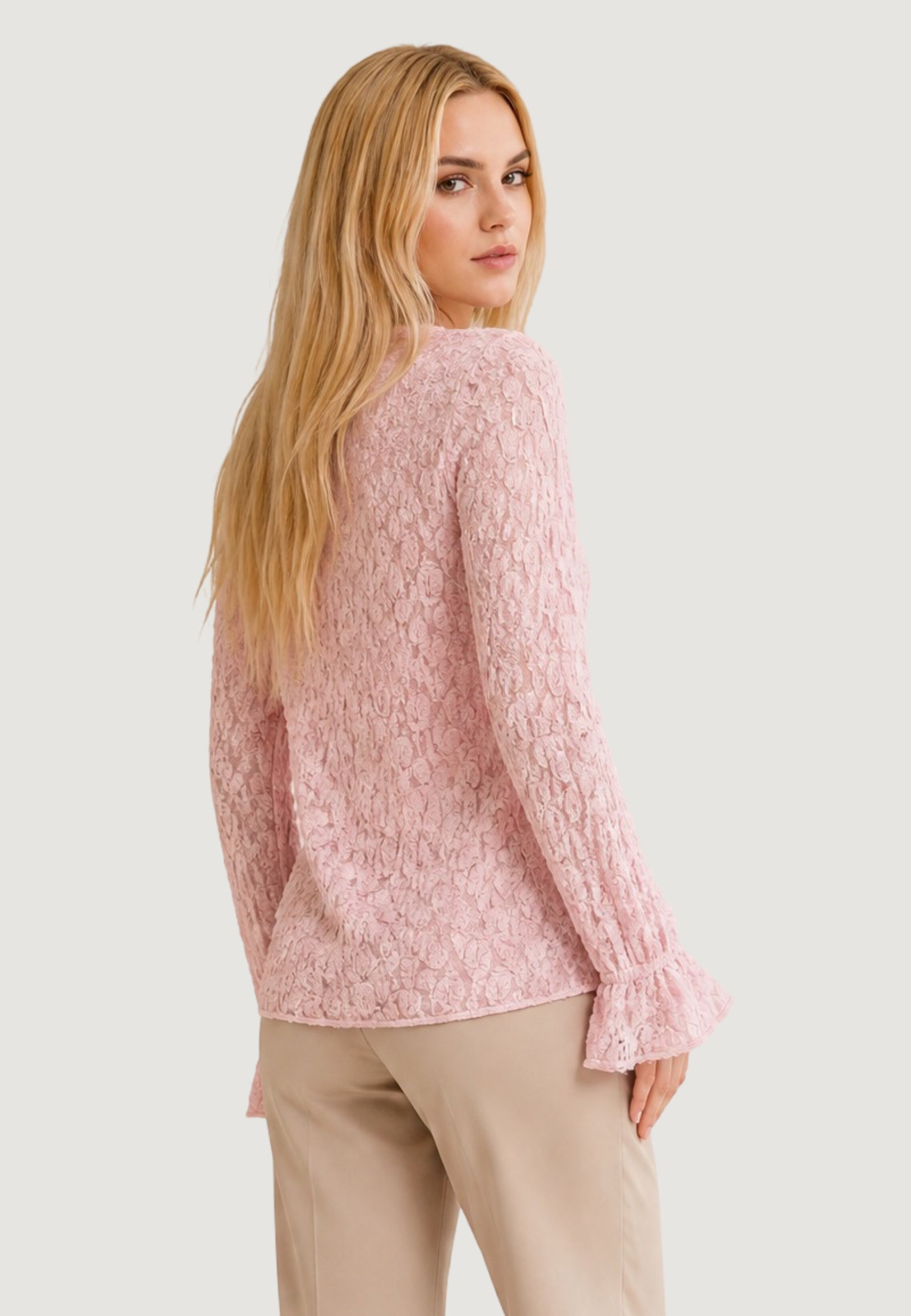 Top top in pizzo elastico c/manica rouches T2517 Cipria