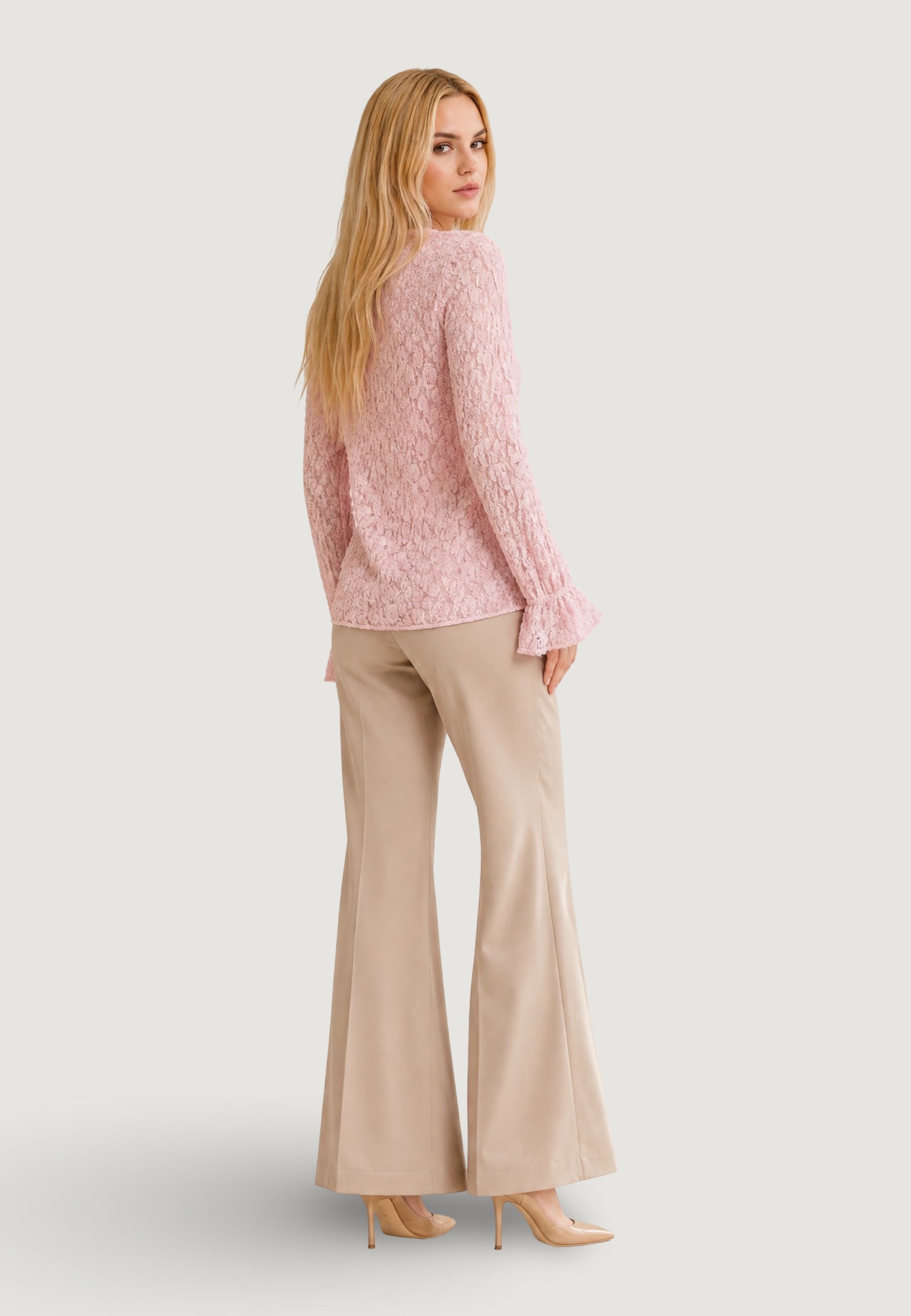 Top top in pizzo elastico c/manica rouches T2517 Cipria