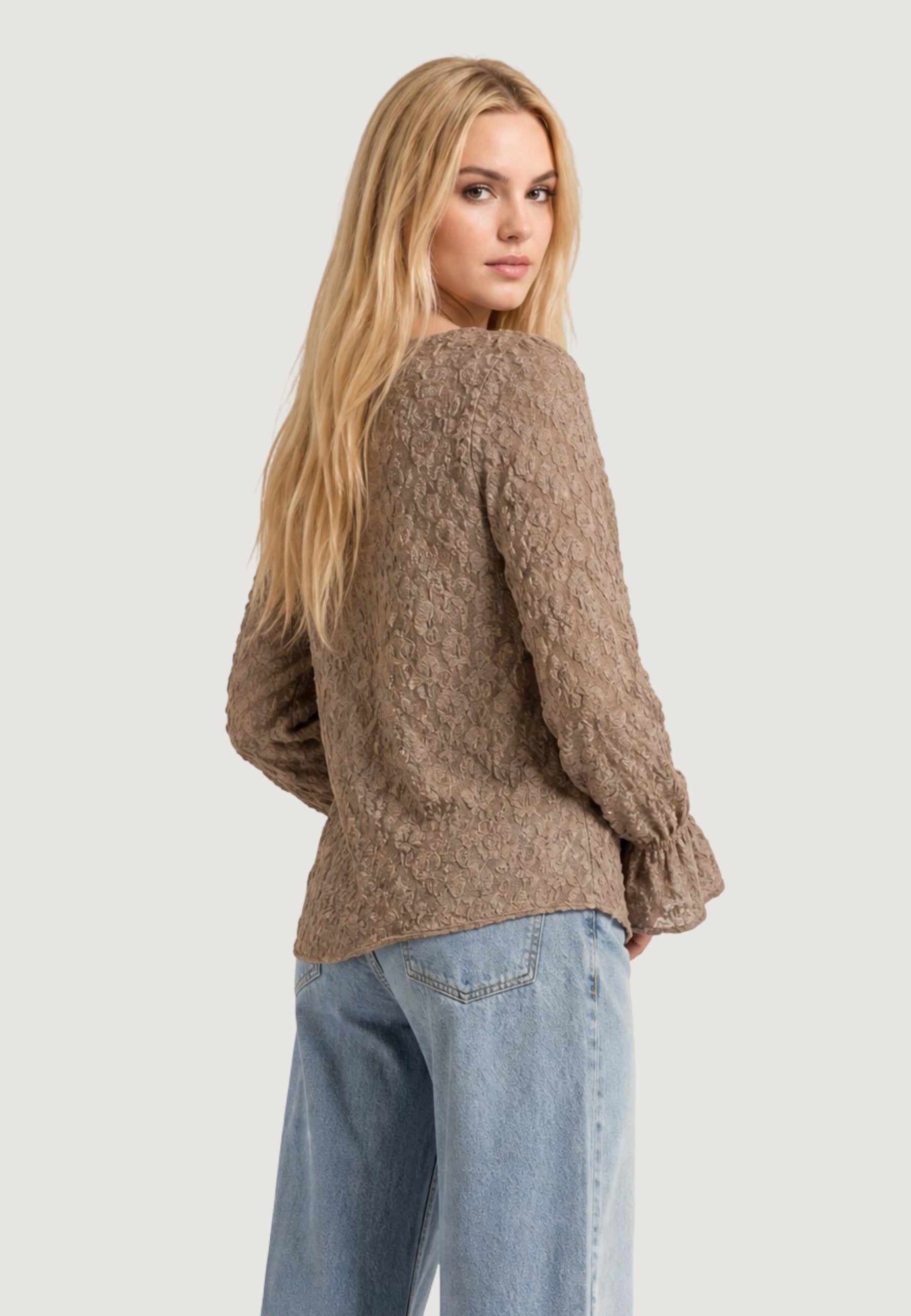 Top top in pizzo elastico c/manica rouches T2517 Fango
