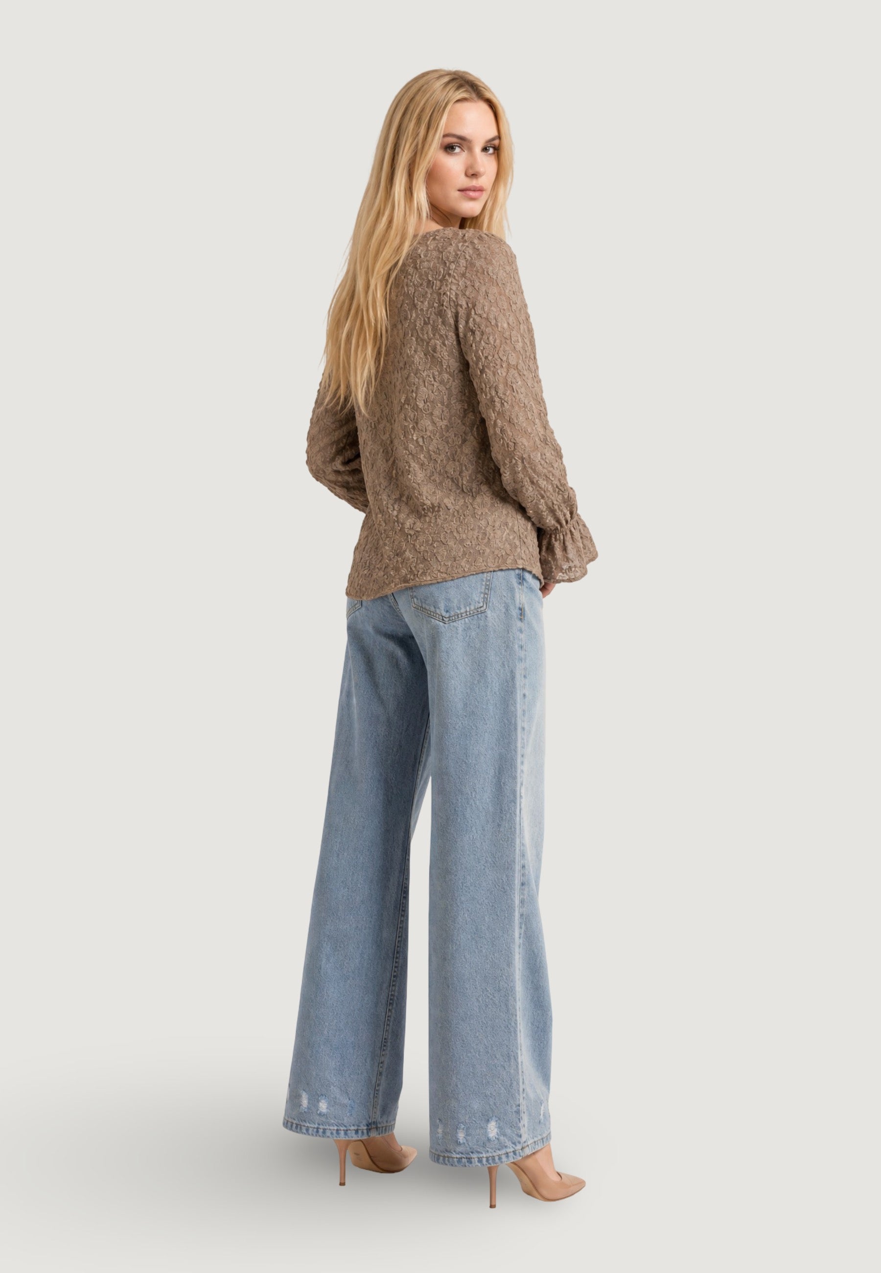 Top top in pizzo elastico c/manica rouches T2517 Fango