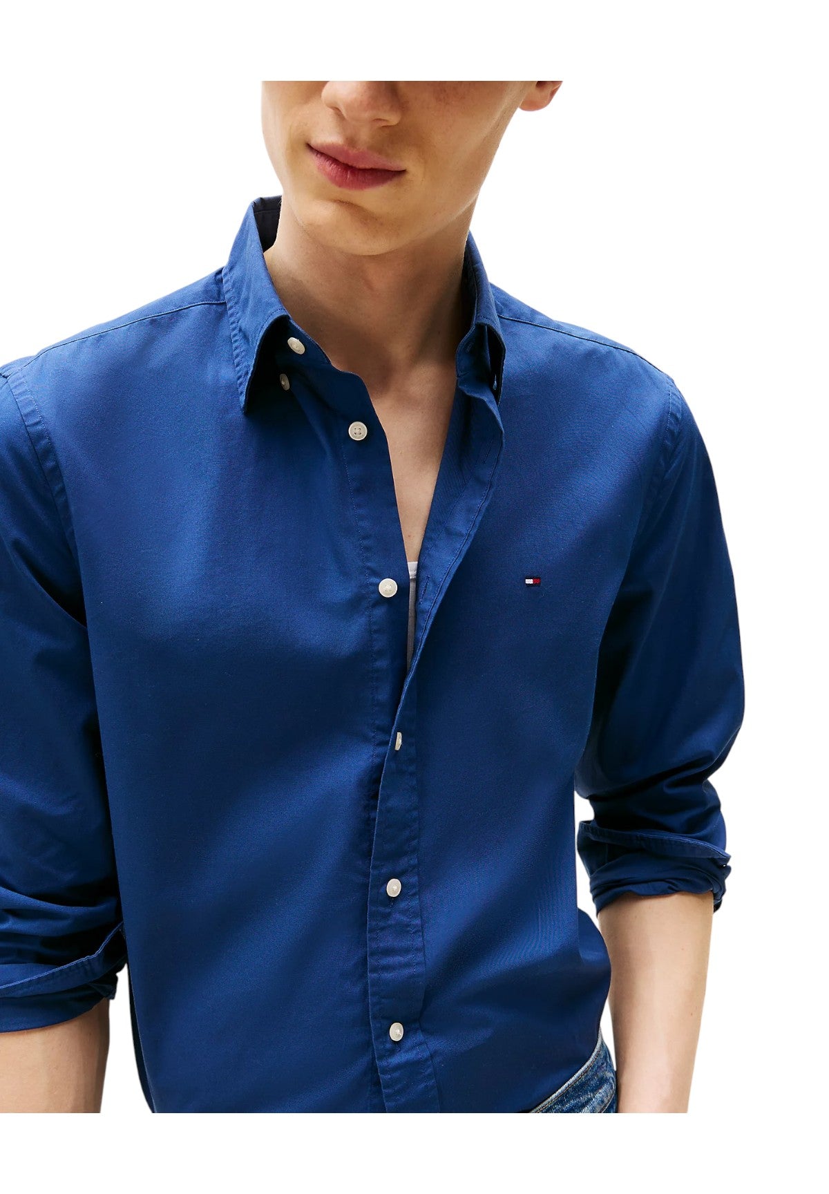 Camicia a Maniche Lunghe Flex Poplin Solid Rf MW0MW37550 Aegean Sea