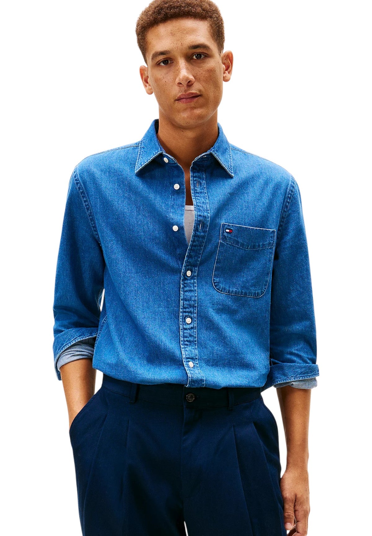 Camicia a Maniche Lunghe Denim Rf Shirt MW0MW40494 Mid Blue Denim