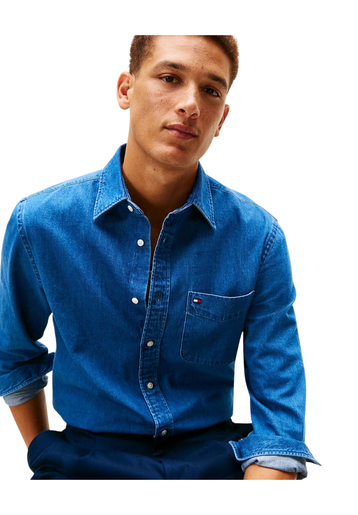 Camicia a Maniche Lunghe Denim Rf Shirt MW0MW40494 Mid Blue Denim