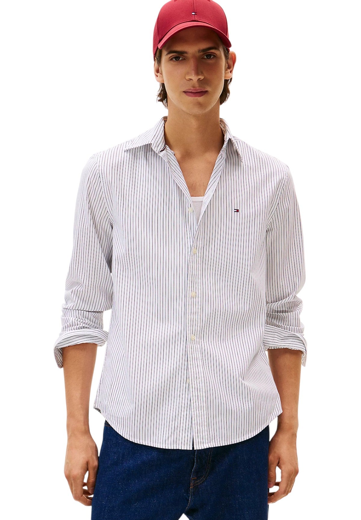 Camicia a Maniche Lunghe Core Hairline Poplin MW0MW41399 White, Stripe