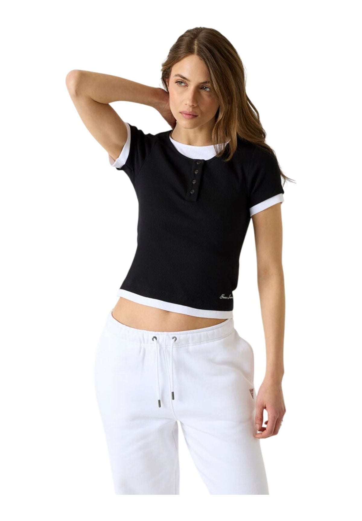 T-shirt a Maniche Corte Gj Henley Rib Layere W6YP07 Jet Black A996