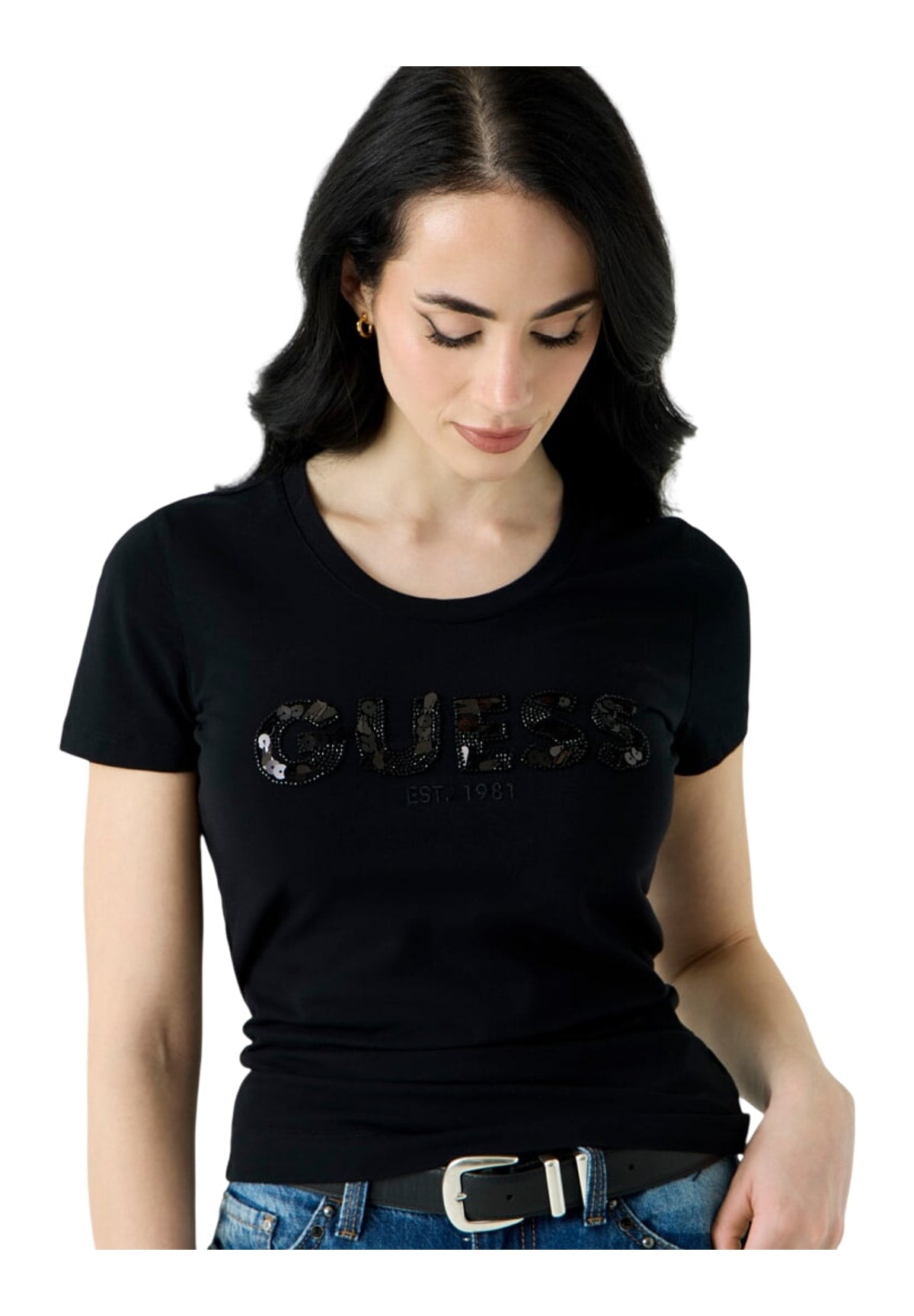 T-shirt a Maniche Corte Cn Ss Logo Segquins W5GI17 Jet Black A996