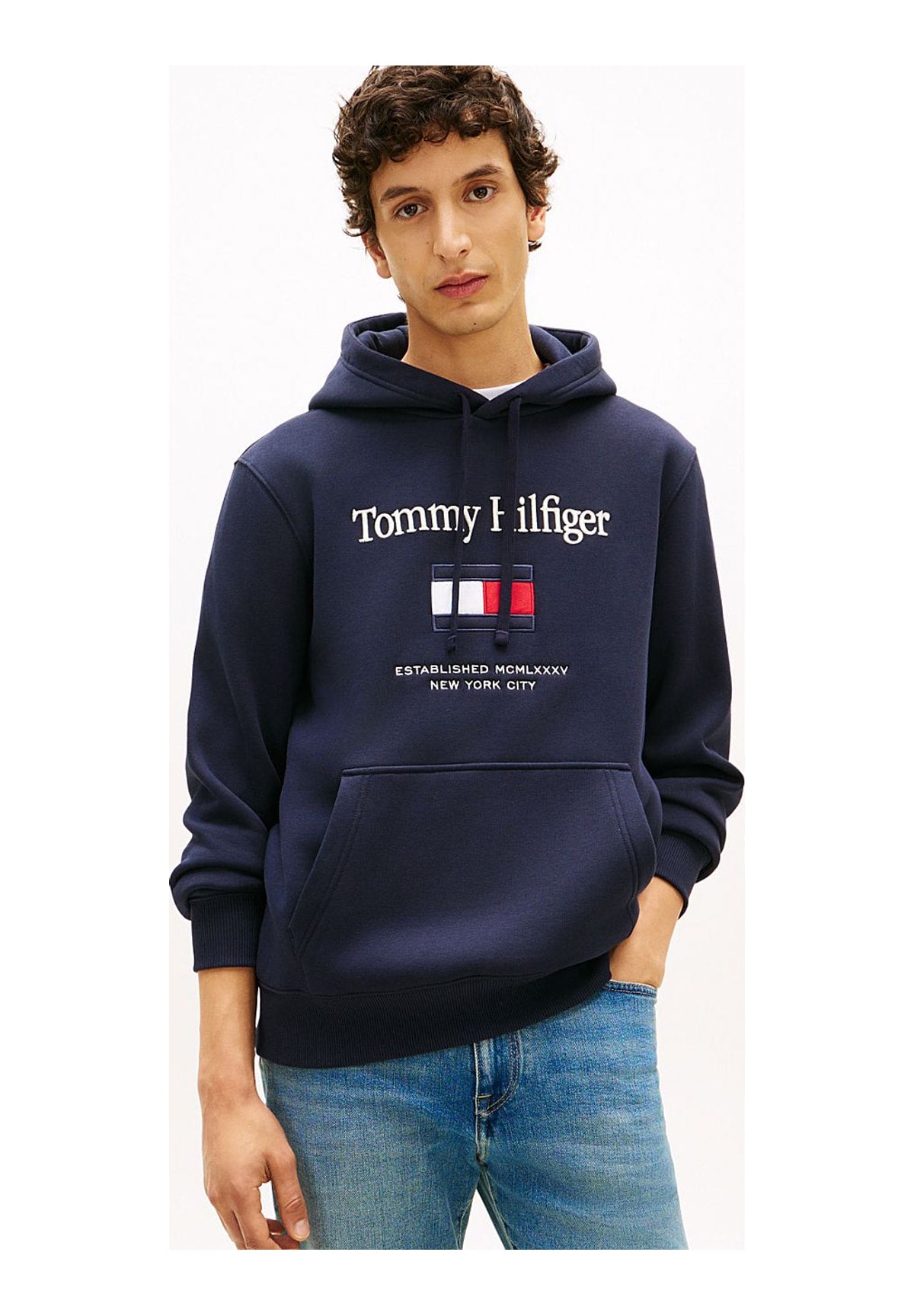 Felpa Pullover con Cappuccio Hilfiger Embro Flag MW0MW42735 Navy Blue