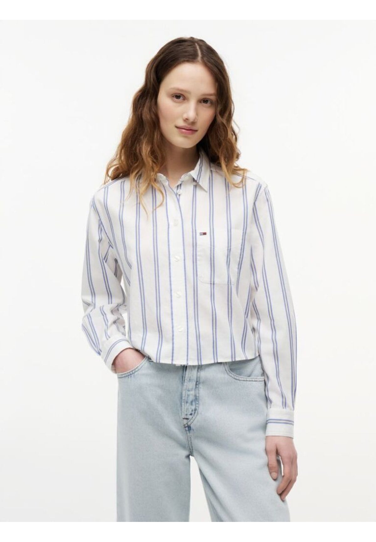 Camicia a Maniche Corte Tjw Rlx Crop Shirt DW0DW22943 Ecru, Multi Stripe