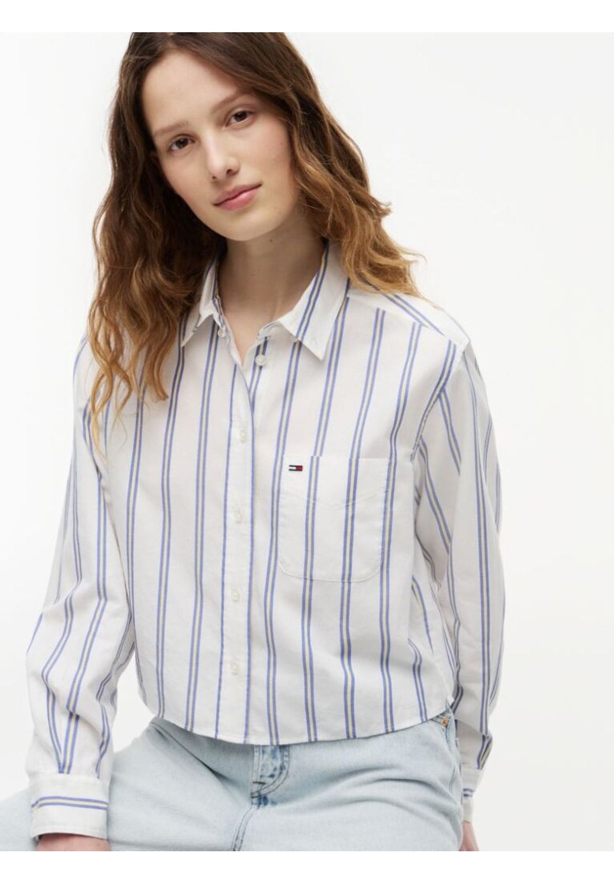 Camicia a Maniche Corte Tjw Rlx Crop Shirt DW0DW22943 Ecru, Multi Stripe