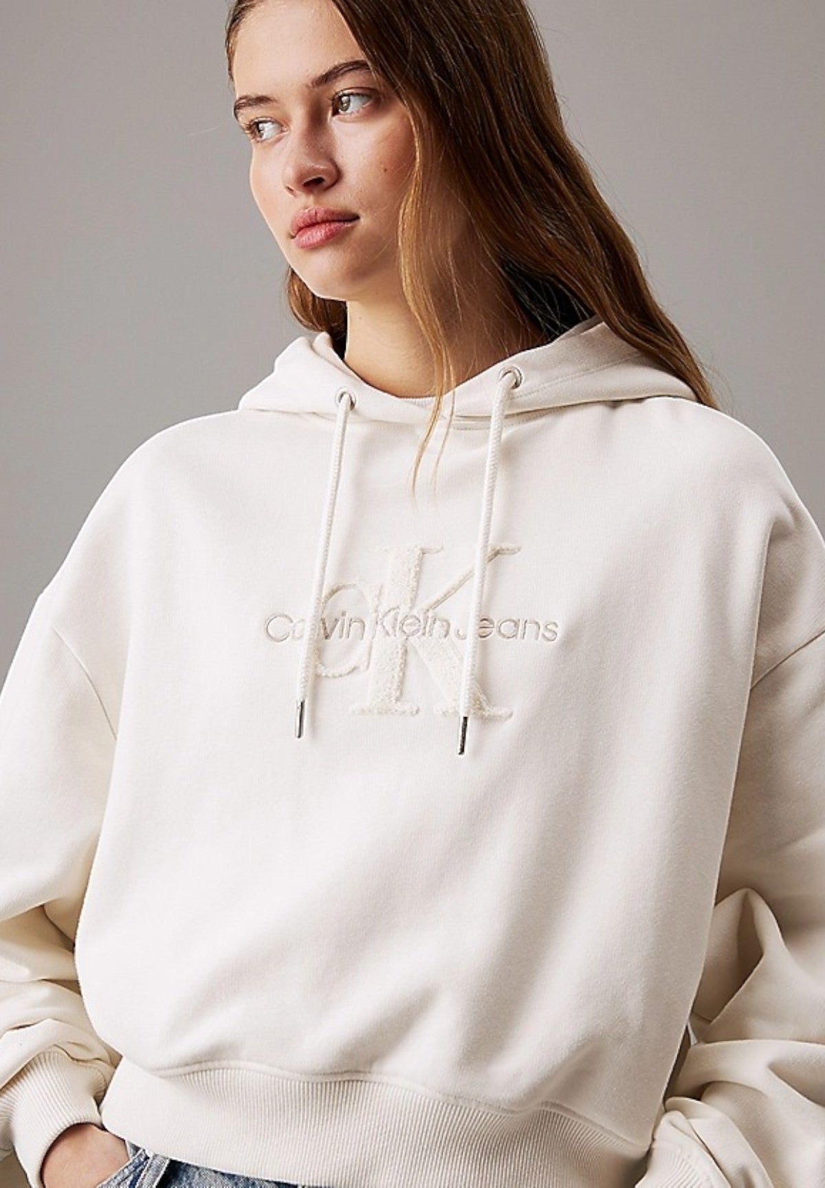 Felpa Pullover con Cappuccio Chenille Monologo Hoodie J20J224170 Ivory