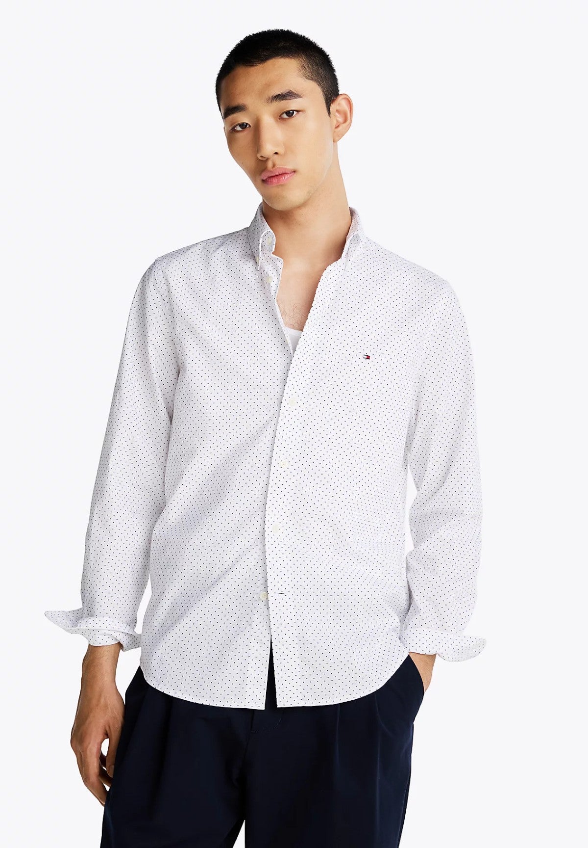 Camicia a Maniche Lunghe Flex Poplin Polka Do MW0MW37554 Optic White, Navy Dot